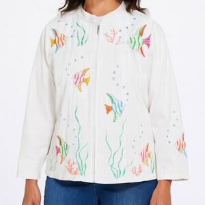 Quacker Factory Jacket Womens 2X Embroidered Tropical Fish Reef Zip Cotton White